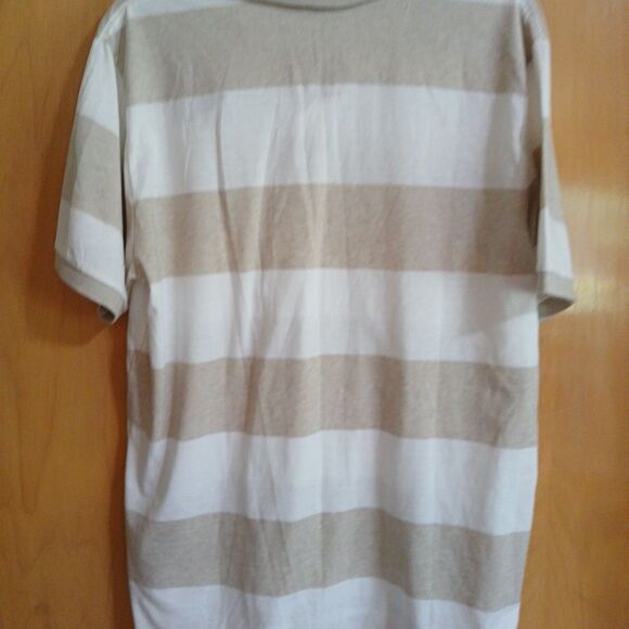 Roebuck & Co Polo Shirt Mens Large TAN White Striped Short Sleeve NWT - Picture 15 of 16
